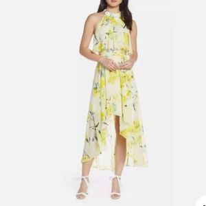 ELIZA J Yellow Floral High/Low Halter Ruffle Chiffon Midi Dress